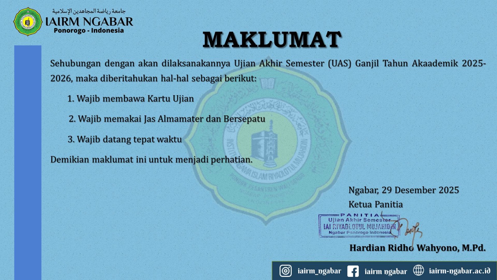 TATA TERTIB UJIAN AKHIR SEMESTER GANJIL IAIRM NGABAR TAHUN AKADEMIK 2025-2026