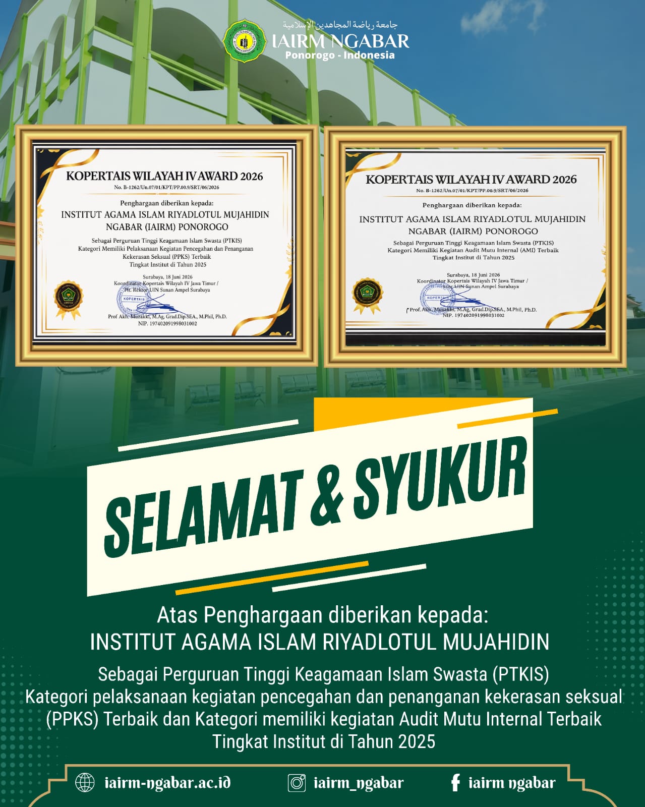 IAIRM Ngabar Raih Dua Penghargaan Bergengsi pada Kopertais Wilayah IV Award 2026