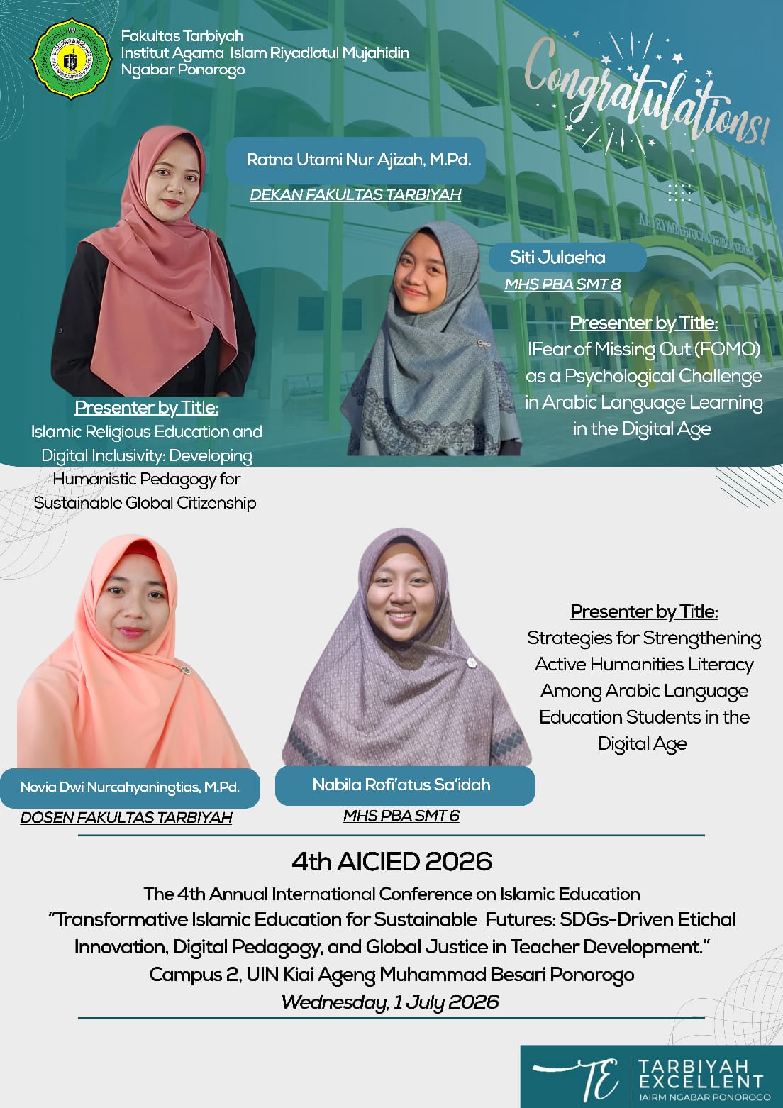 Selamat dan sukses kepada dosen serta mahasiswa Fakultas Tarbiyah Institut Agama Islam Riyadlotul Mujahidin (IAIRM) Ngabar Ponorogo yang akan berpartisipasi sebagai presenter dalam The 4th Annual International Conference on Islamic Education (AICIED) 2026. Selamat dan sukses kepada dosen serta mahasiswa Fakultas Tarbiyah Institut Agama Islam Riyadlotul Mujahidin (IAIRM) Ngabar Ponorogo yang akan berpartisipasi sebagai presenter dalam The 4th Annual International Conference on Islamic Education (AICIED) 2026.